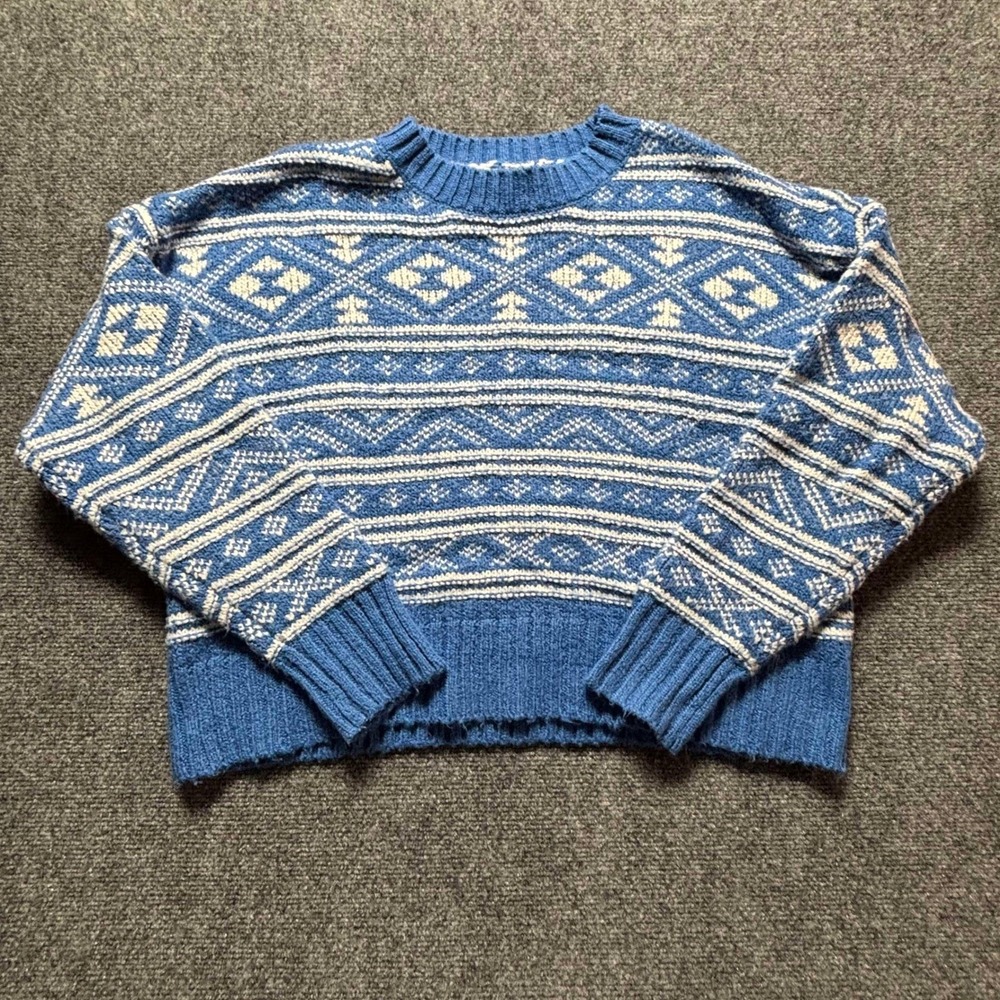American Eagle Blue White Fair Isle Knit Cropped Sweater Womens Medium Winter